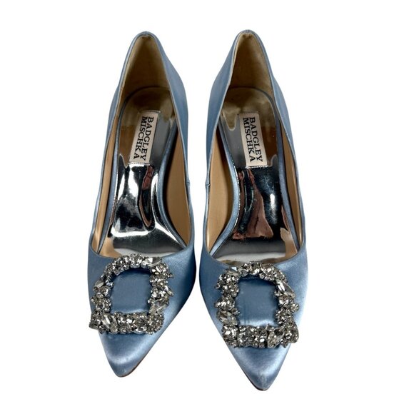 Badgley Mischka Pumps Size 9 Blue Satin Cher Crystal Buckle Pointed Toe Heels - Picture 2 of 10